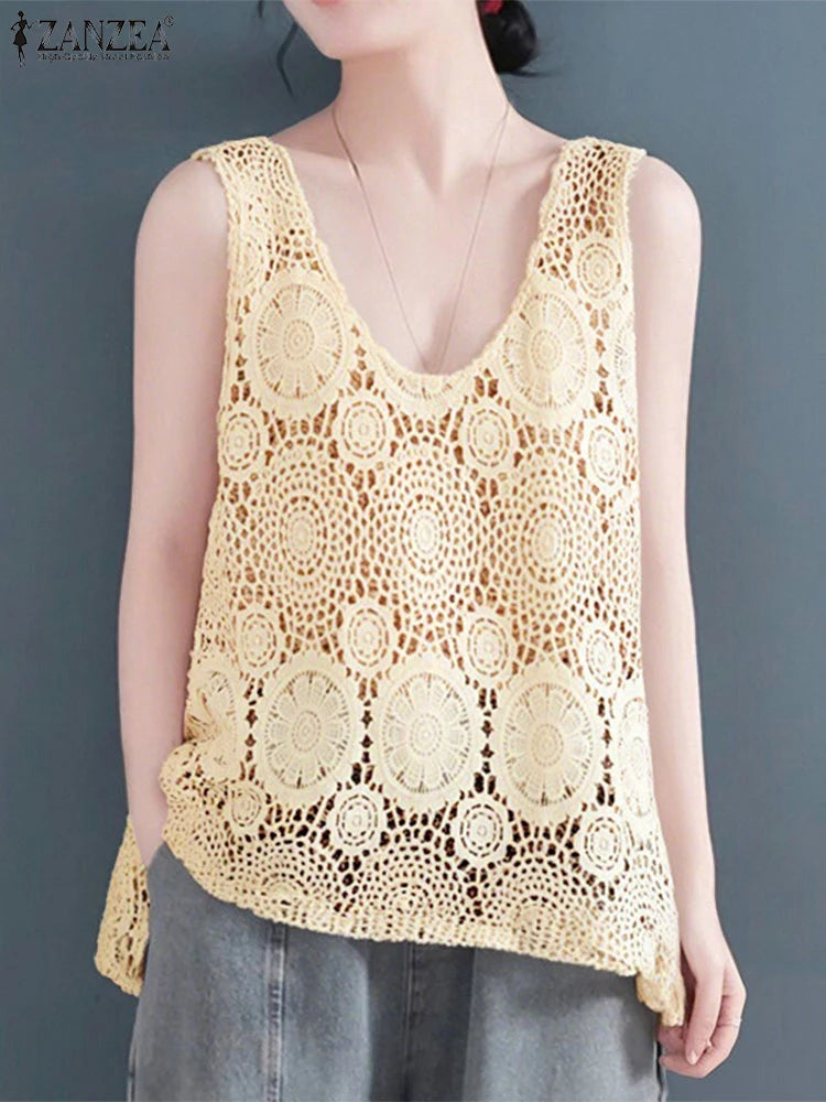 2025 Women Sleeveless Tanks Tops ZANZEA Summer Bohemain Lace Crochet Blouse Casual Loose Camis Fashion Holiday Beach Shirt Mujer