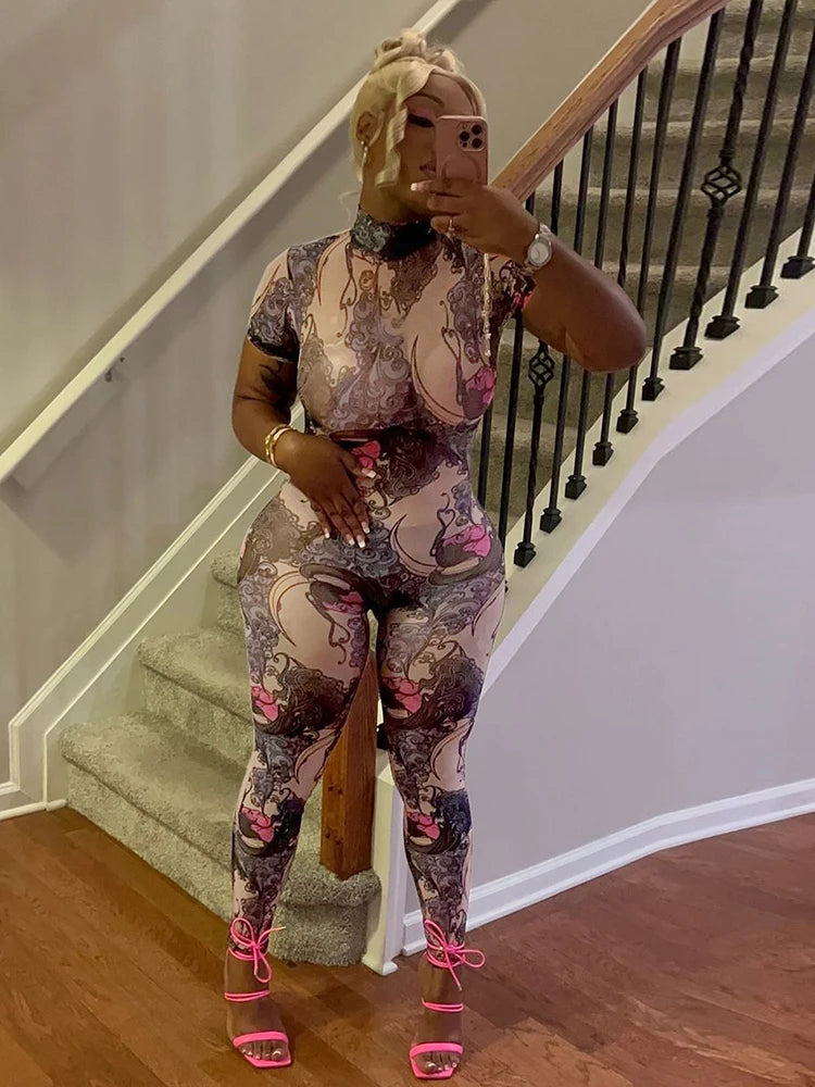 Nibber Colorful Print Jumpsuit Women Mesh  See Through Coquette Summer Backless Peach Buttocks Tight Activity Clubwear Overalls
