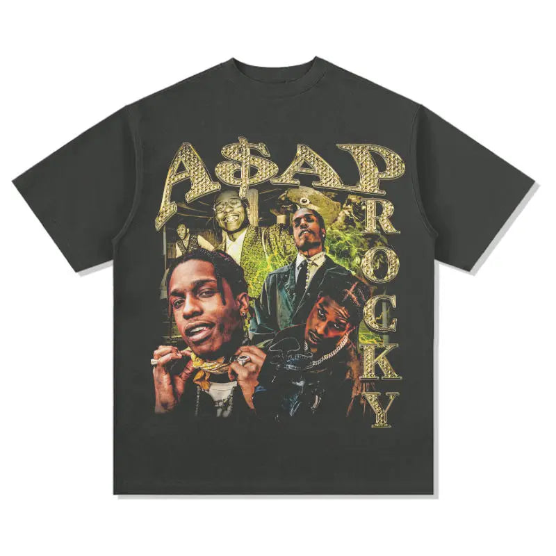 Hip Hop Rap AP Rocky Print Short-sleeved T-shirt Vintage American Retro RAPper Wear Men's and Women's Short-sleeved Tops