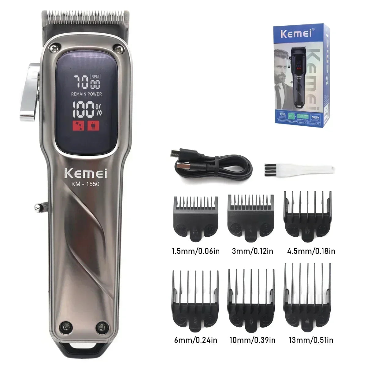 KEMEI Km-1550 Professional Hair Clipper for Men LED Display Low Noise Cordless USB Interface Hair Cutting Machine Hair Trimmer