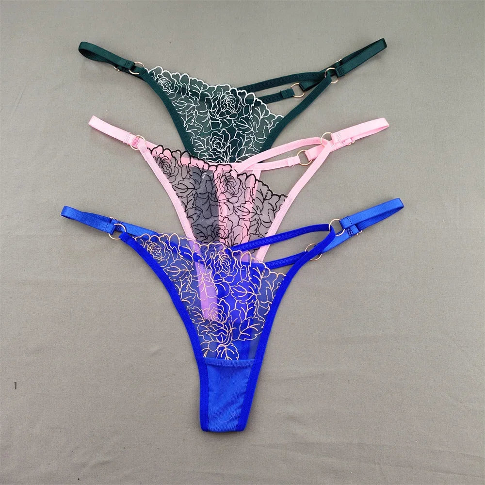 3pcs V-shaped Sexy Lace Floral Thong Women Hollow Out V-Strings Adjustable Belt Transparent Underwear