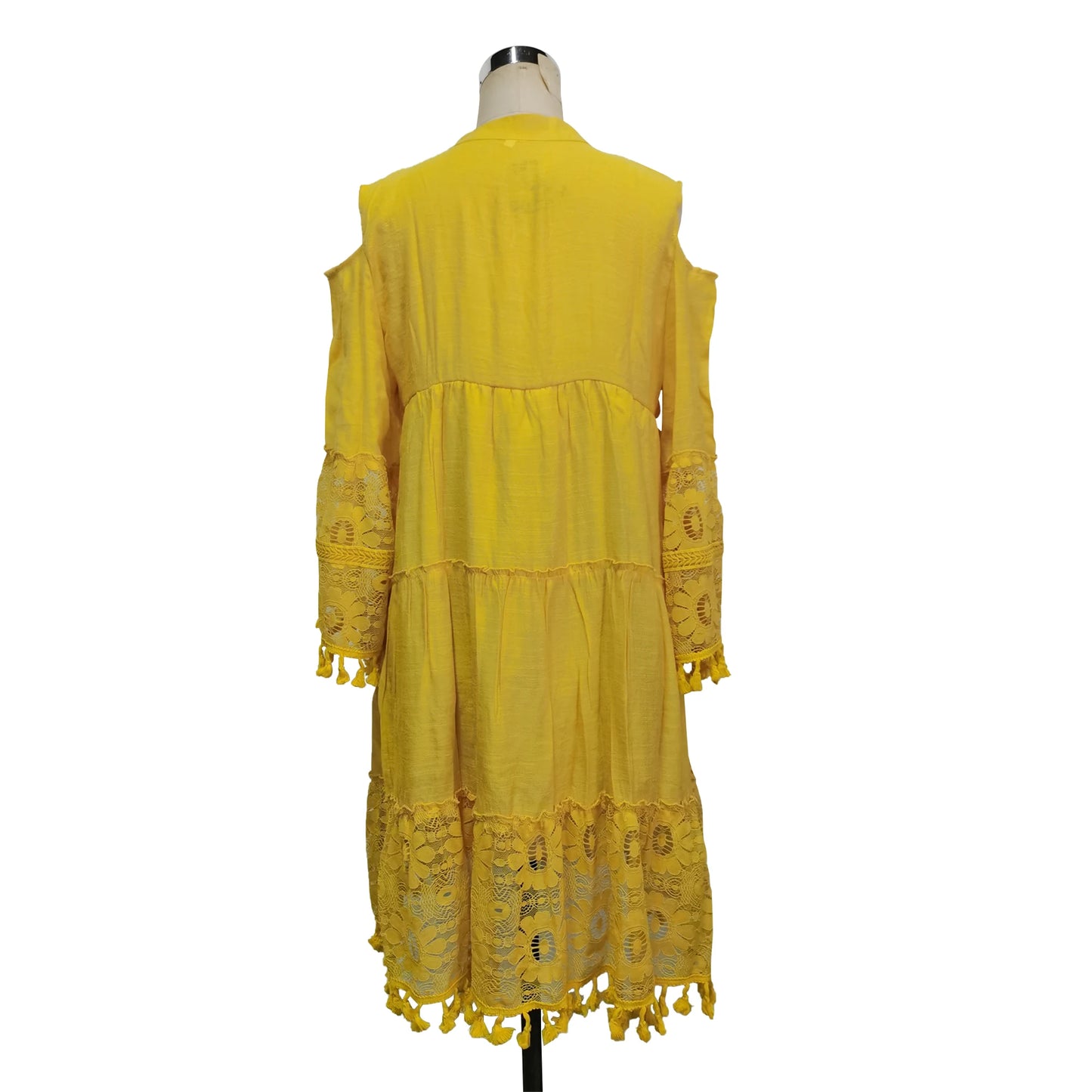 New Spring Embroidery Crochet Lace Boho Dress Women Elegant Off Shoulder Tassel Ruffle Mini Dress Summer V Neck Lady Beach Dress