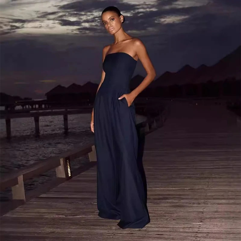 Sexy Backless Women's Jumpsuits Solid Off Shoulder Waist Cinching Pockets Wide Leg Pants Lady Bodysuit Summer Female Outwears