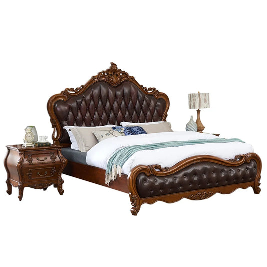 European leather solid wood bed log carved bed large apartment double master bedroom big bed