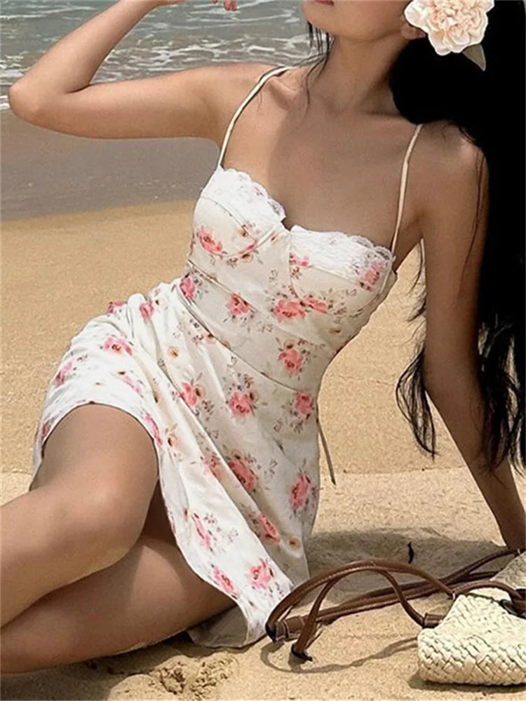 Ladies Summer Floral Print Fashion Beach Vacation Dress Women Sleeveless Backless Bodycon Mini Dresses Clubwear Woman Clothes