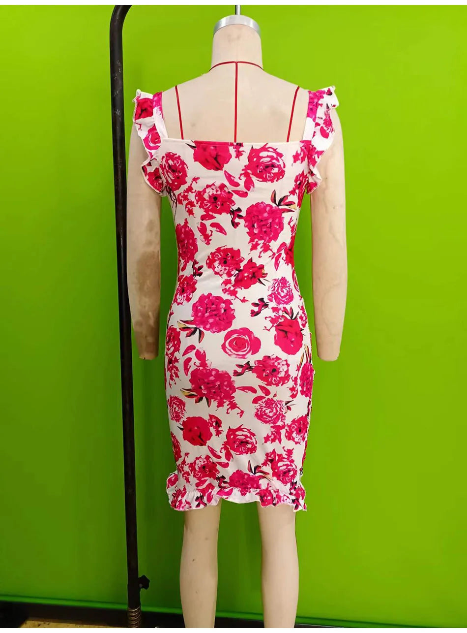 Summer Sexy Floral Bodycon Mini Dress Women 2024 Fashion Sleeveless Bandage Tunics Party Dresses Casual Red Ruffles Sundress