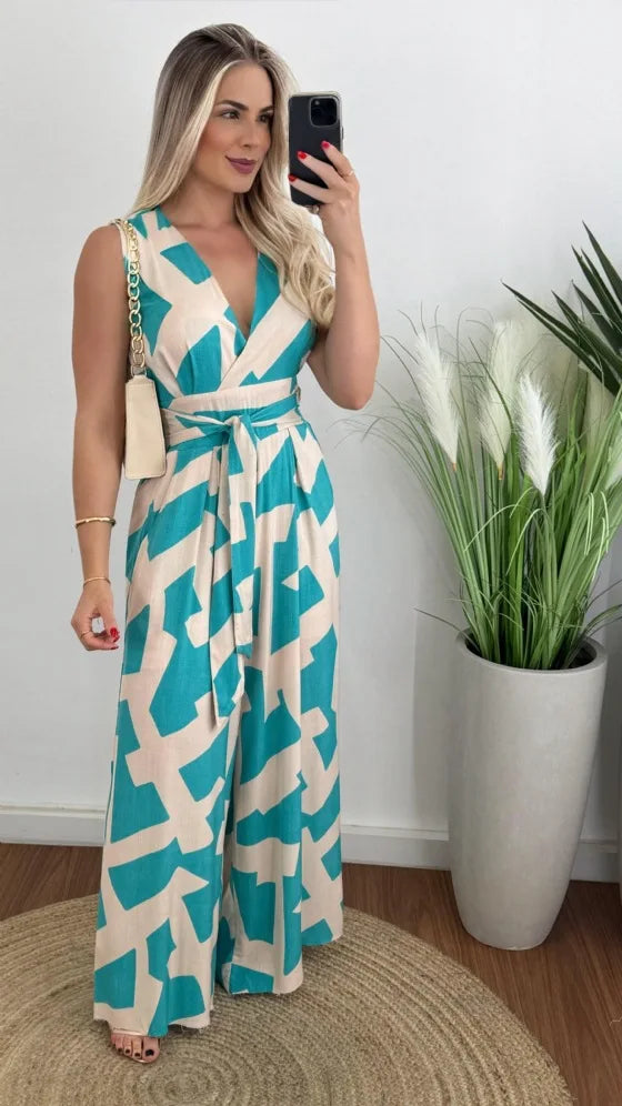 Autumn Women's Fashionable And Casual Jumpsuit Color Matching Deep V-waist Tied Sleeveless Mid Waist Straight Jumpsuit Women