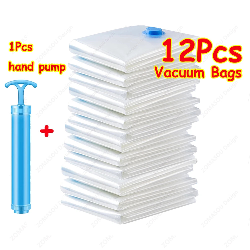 1-24Pcs Reusable Vacuum Storage Sealing Bags with Hand Pump Clear Folding Compressed Space Saving Vacuum Bag for Clothes Travel