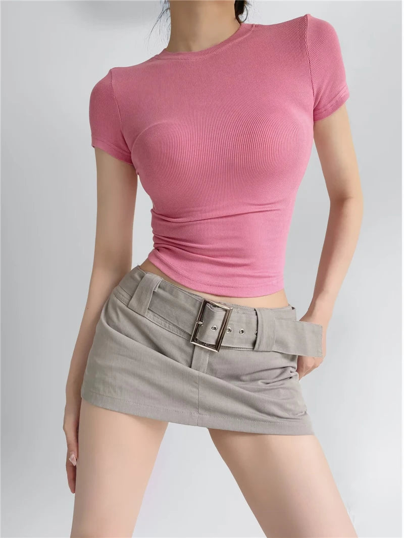LUNDUNSHIJIA 2024 Summer Sexy Women Basic O-neck Short Sleeve T-shirt Ladies Slim Elasticity Cotton Tee Tops 12 Colors