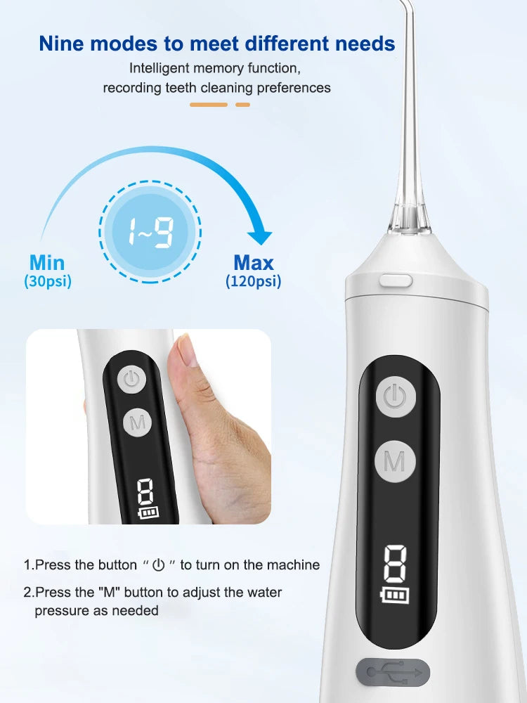 Electric Oral Irrigator Dental Water Flosser for Teeth Rechargeable 9 Modes Portable Dental Water Jet Floss Teeth Cleaner 4 Tip