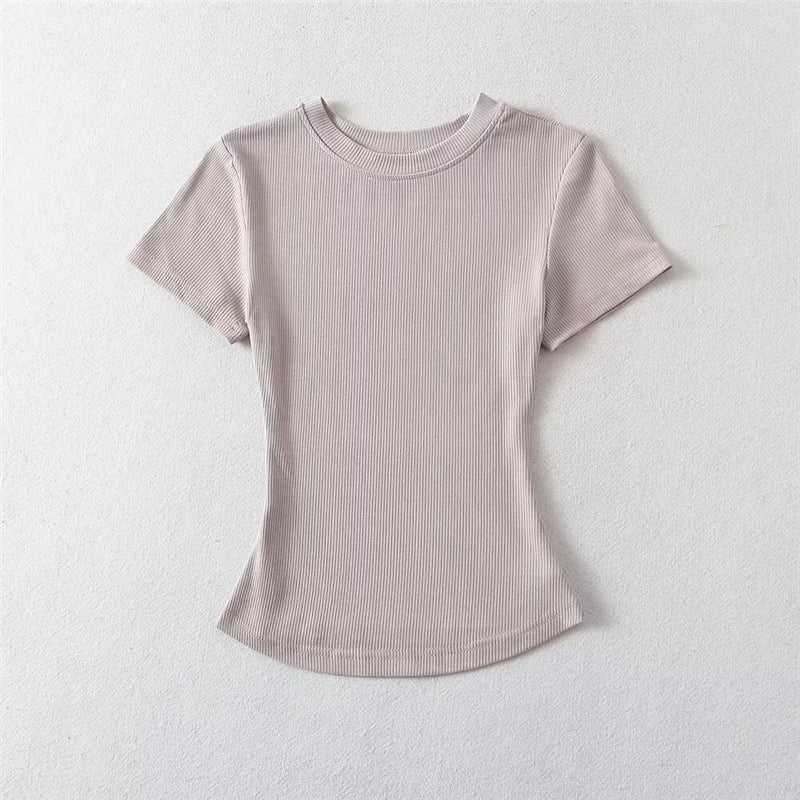 LUNDUNSHIJIA 2024 Summer Sexy Women Basic O-neck Short Sleeve T-shirt Ladies Slim Elasticity Cotton Tee Tops 12 Colors