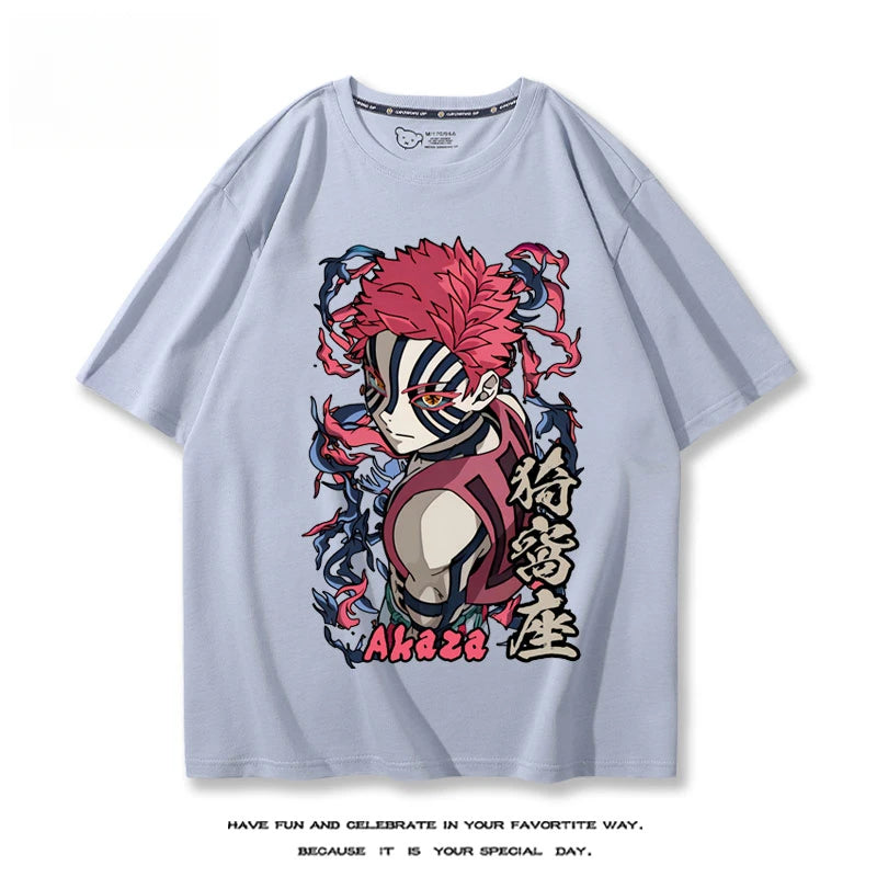 Hot Anime Demon Slayer Akaza Printed 100% Cotton T-Shirt Summer Outdoor Casual Comfortable Trendy Street Men's