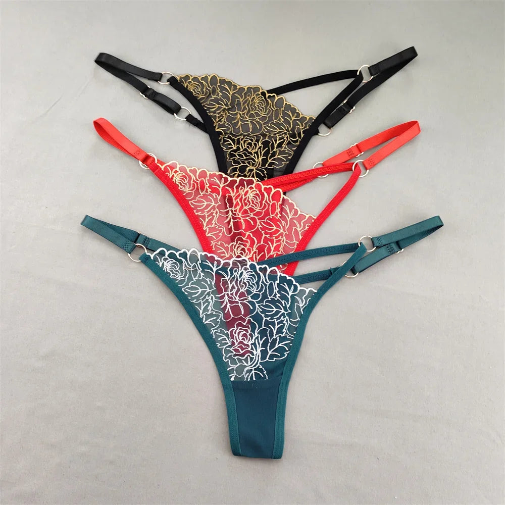 3pcs V-shaped Sexy Lace Floral Thong Women Hollow Out V-Strings Adjustable Belt Transparent Underwear