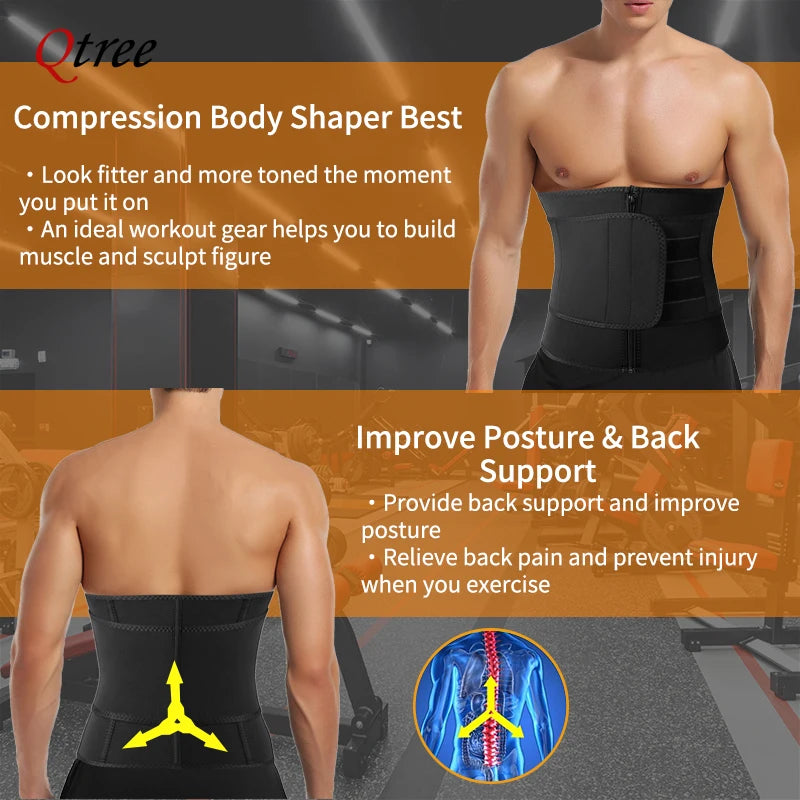 Qtree Men Workout Waist Trainer Tummy Slimming Sheath Sauna Body Shaper Trimmer Belt Abs Abdomen Mens Shapewear Weight Loss