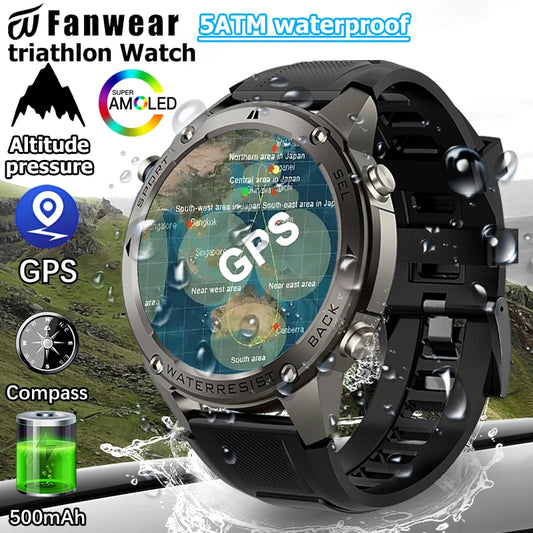 Fanwear T-Rex 3 GPS outdoor sports smart watch, 5ATM swimming smart watch, compass, barometric altitude, Bluetooth call, Valenti