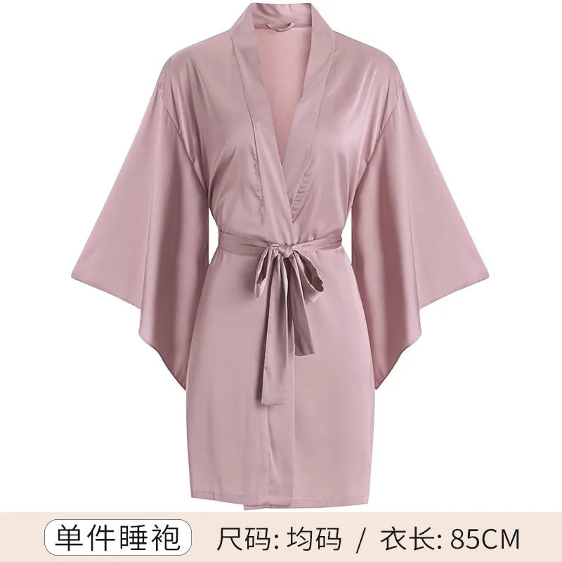 Black Satin Kimono Bridal Robe Lace Lingerie Women Sleepwear Pajamas Pure Ice Silk Wedding Morning Bathrobe Bridesmaid Robes
