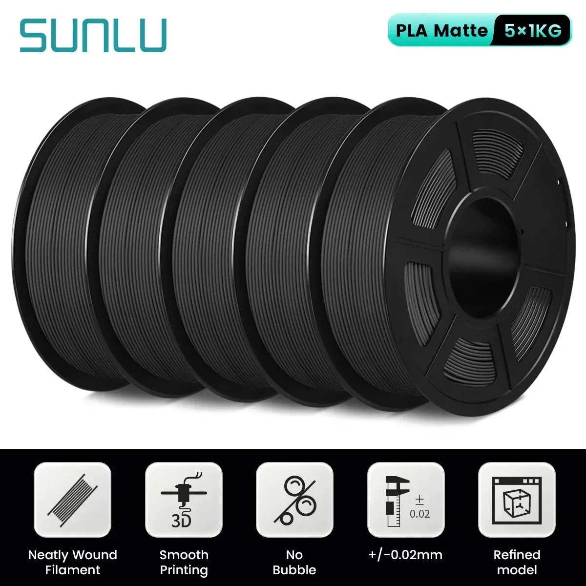 SUNLU 5Roll PLA Matte Filament 1.75mm 1kg Spool (2.2lbs) Smooth Matte Finish Neatly Wound Filament Fit Most FDM Printer