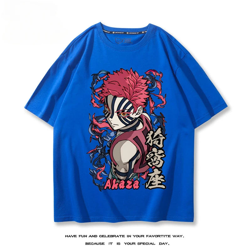 Hot Anime Demon Slayer Akaza Printed 100% Cotton T-Shirt Summer Outdoor Casual Comfortable Trendy Street Men's