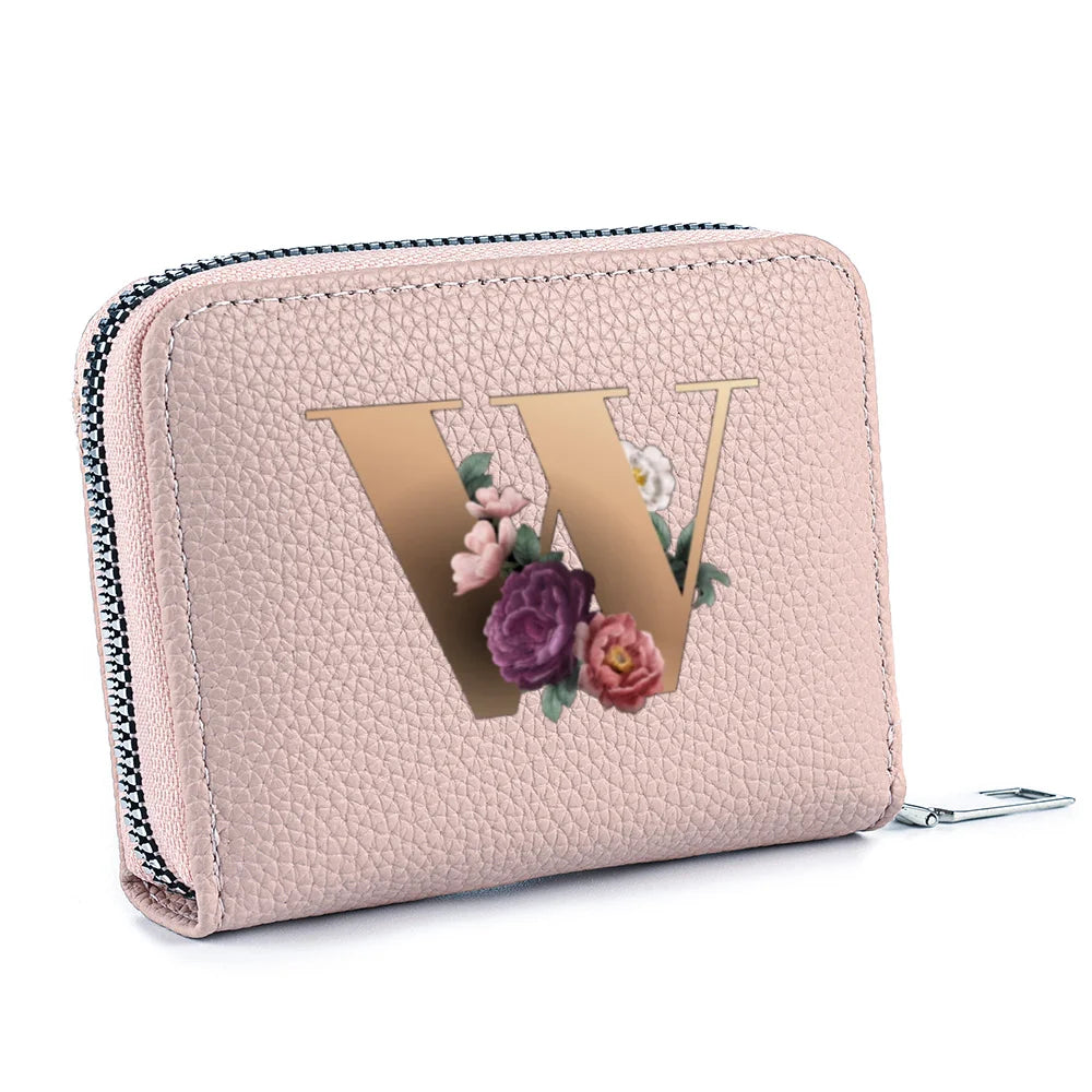 Fashionable Multi Functional 26-Letter Printed Pink Zipper Coin Purse And Credit Card Holder For Women