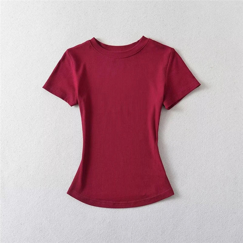 LUNDUNSHIJIA 2024 Summer Sexy Women Basic O-neck Short Sleeve T-shirt Ladies Slim Elasticity Cotton Tee Tops 12 Colors